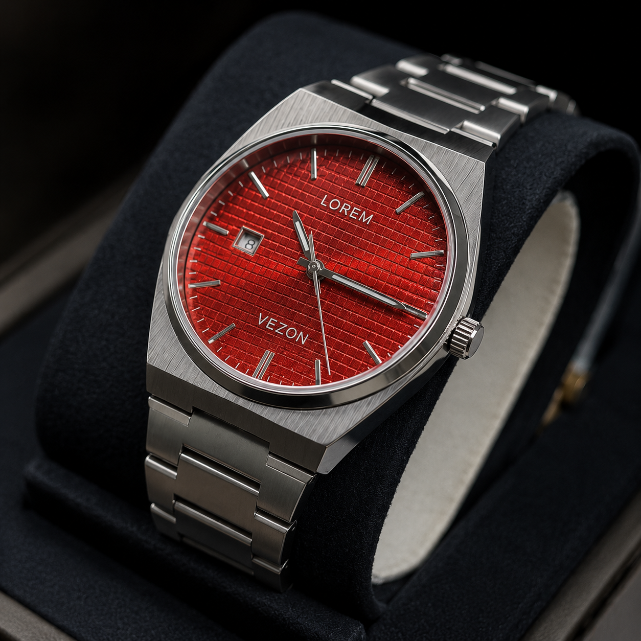 Red Dial Stainless Steel Watch